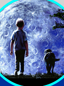 Dream chaser boy walking dog by magical moonlight
